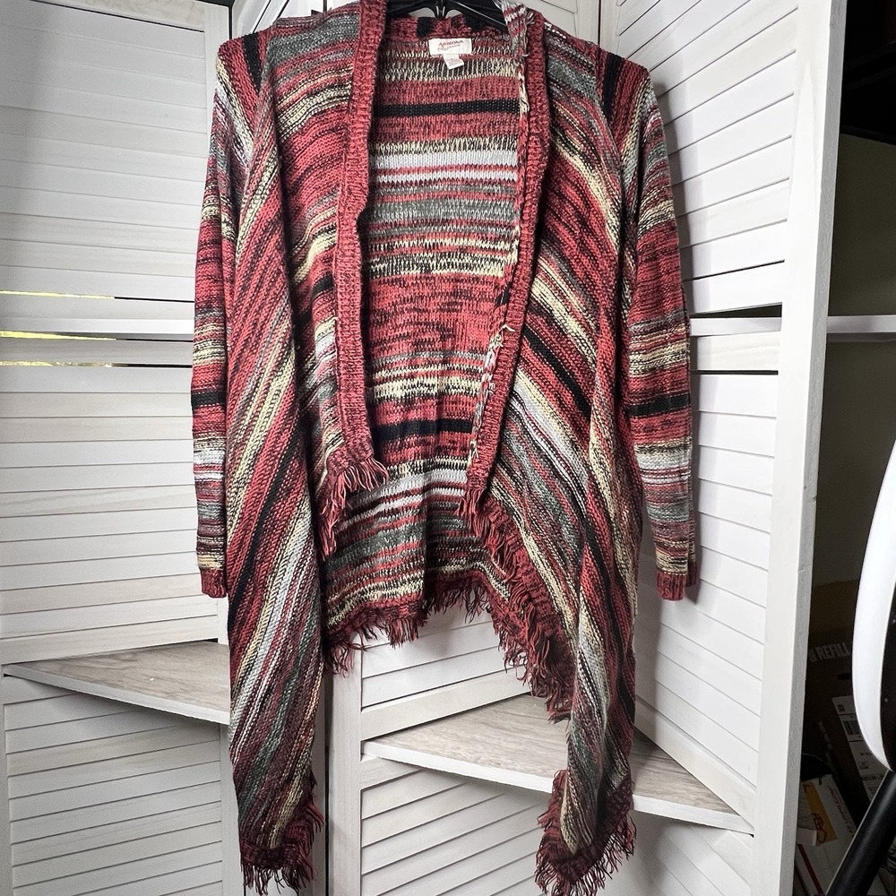 Arizona Jean Co Red Multi Striped Fringe Cardigan Sweater Women's XL Open Front